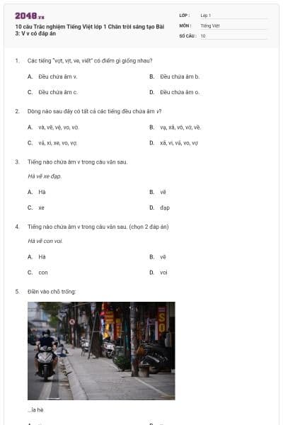 10 câu Trắc nghiệm Tiếng Việt lớp 1 Chân trời sáng tạo Bài 3: V v có đáp án