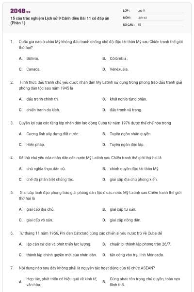 15 câu trắc nghiệm Lịch sử 9 Cánh diều Bài 11 có đáp án (Phần 1)