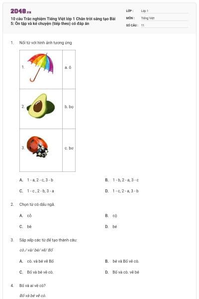10 câu Trắc nghiệm Tiếng Việt lớp 1 Chân trời sáng tạo Bài 5: Ôn tập và kể chuyện (tiếp theo) có đáp án