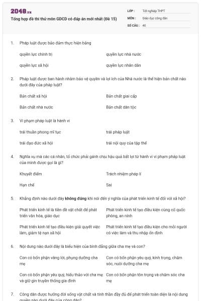 Tổng hợp đề thi thử môn GDCD có đáp án mới nhất (Đề 15)
