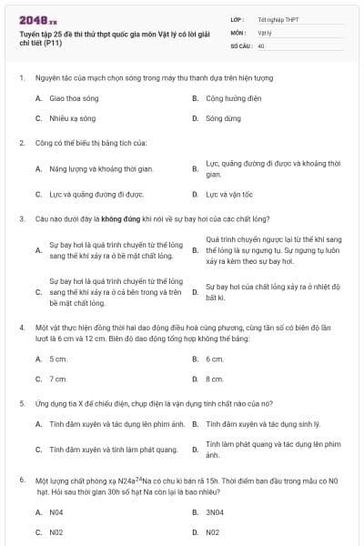 Tuyển tập 25 đề thi thử thpt quốc gia môn Vật lý có lời giải chi tiết (P11)