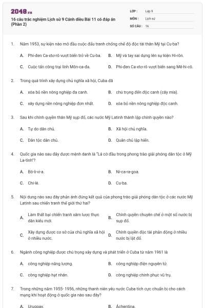 16 câu trắc nghiệm Lịch sử 9 Cánh diều Bài 11 có đáp án (Phần 2)