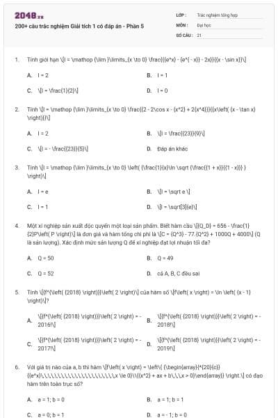 200+ câu trắc nghiệm Giải tích 1 có đáp án - Phần 5