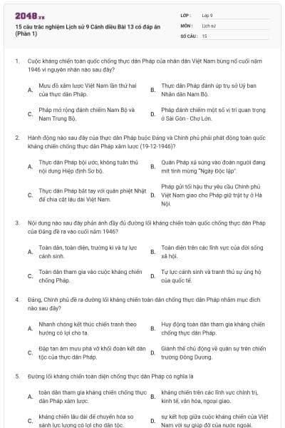 15 câu trắc nghiệm Lịch sử 9 Cánh diều Bài 13 có đáp án (Phần 1)