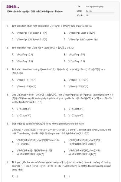 100+ câu trắc nghiệm Giải tích 2 có đáp án - Phần 4