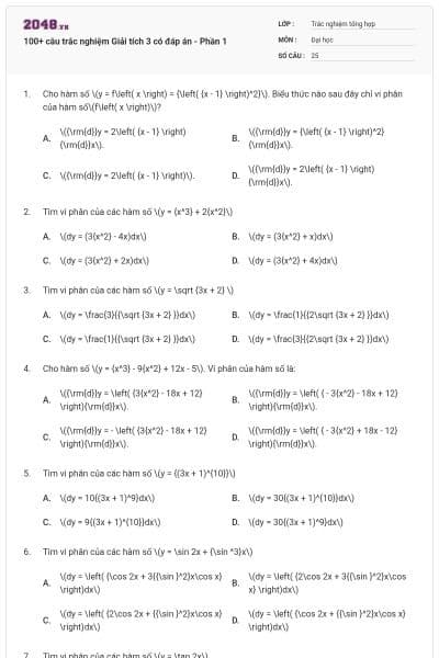 100+ câu trắc nghiệm Giải tích 3 có đáp án - Phần 1