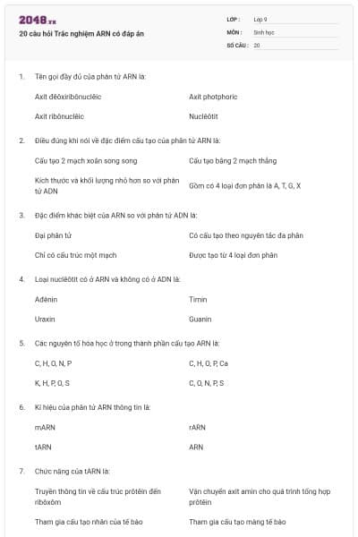 20 câu hỏi Trắc nghiệm ARN có đáp án
