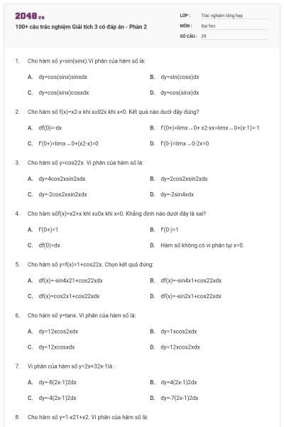 100+ câu trắc nghiệm Giải tích 3 có đáp án - Phần 2