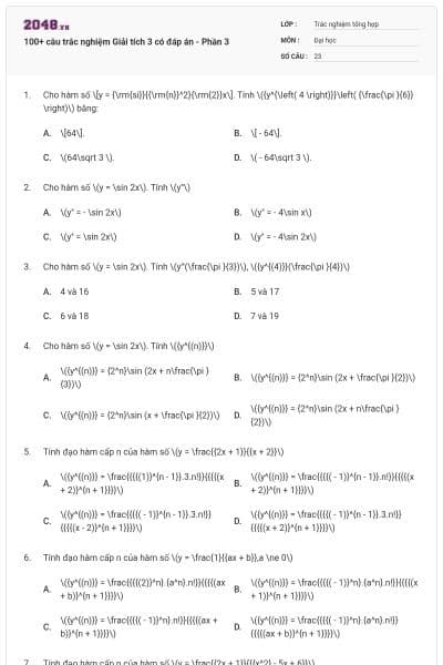 100+ câu trắc nghiệm Giải tích 3 có đáp án - Phần 3
