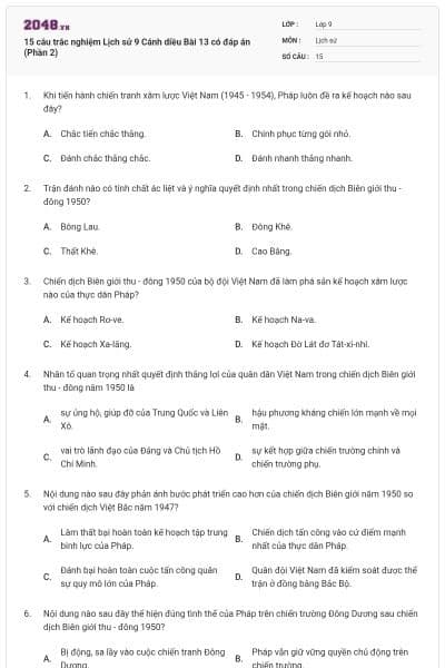 15 câu trắc nghiệm Lịch sử 9 Cánh diều Bài 13 có đáp án (Phần 2)