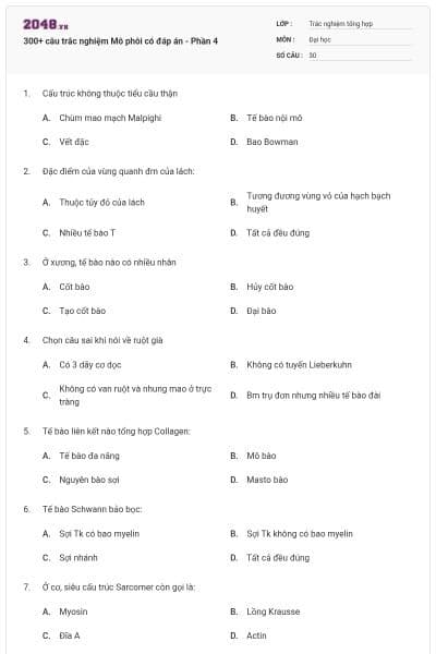 300+ câu trắc nghiệm Mô phôi có đáp án - Phần 4
