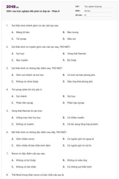 300+ câu trắc nghiệm Mô phôi có đáp án - Phần 8