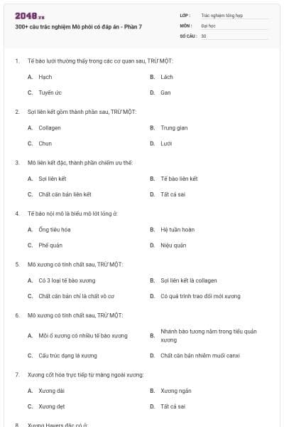 300+ câu trắc nghiệm Mô phôi có đáp án - Phần 7