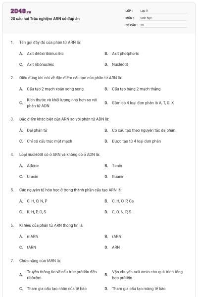20 câu hỏi Trắc nghiệm ARN có đáp án