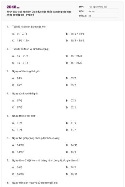 400+ câu trắc nghiệm Giáo dục sức khỏe và nâng cao sức khỏe có đáp án - Phần 5