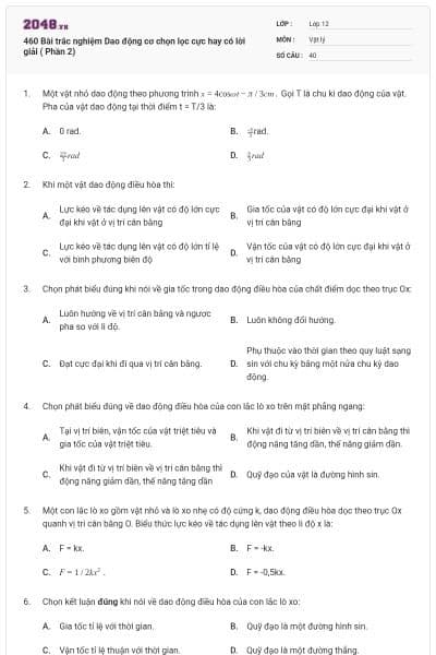 460 Bài trắc nghiệm Dao động cơ chọn lọc cực hay có lời giải ( Phần 2)