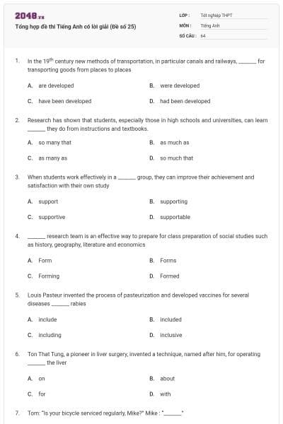 Tổng hợp đề thi Tiếng Anh có lời giải (Đề số 25)