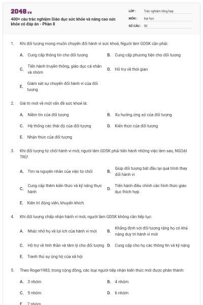 400+ câu trắc nghiệm Giáo dục sức khỏe và nâng cao sức khỏe có đáp án - Phần 8