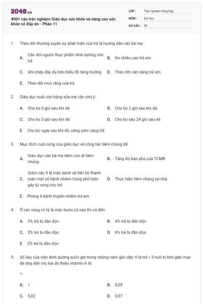 400+ câu trắc nghiệm Giáo dục sức khỏe và nâng cao sức khỏe có đáp án - Phần 11