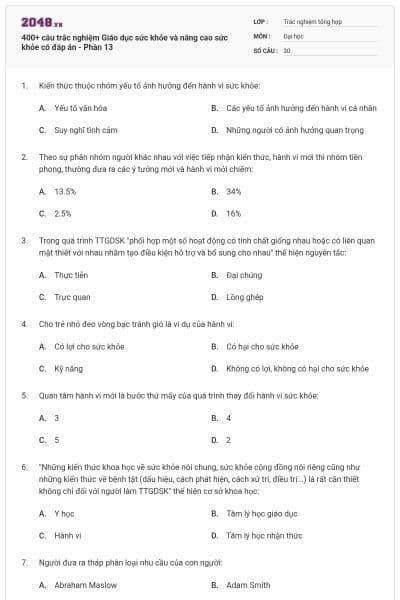 400+ câu trắc nghiệm Giáo dục sức khỏe và nâng cao sức khỏe có đáp án - Phần 13