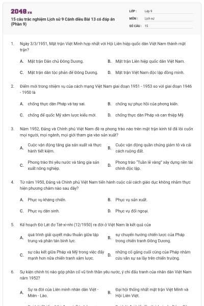 15 câu trắc nghiệm Lịch sử 9 Cánh diều Bài 13 có đáp án (Phần 9)