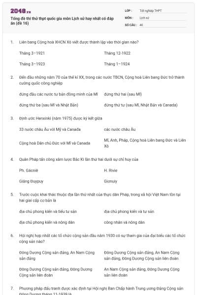 Tổng đề thi thử thpt quốc gia môn Lịch sử hay nhất có đáp án (đề 16)