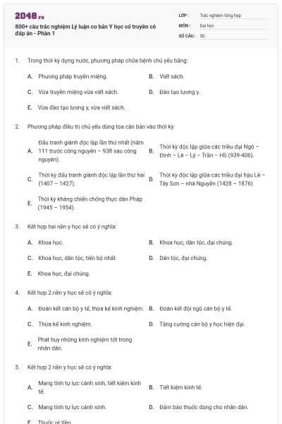 800+ câu trắc nghiệm Lý luận cơ bản Y học cổ truyền có đáp án - Phần 1