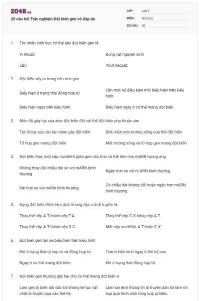 20 câu hỏi Trắc nghiệm Đột biến gen có đáp án