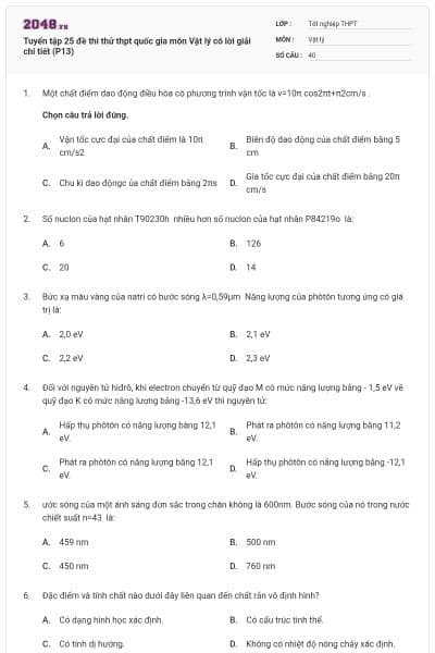 Tuyển tập 25 đề thi thử thpt quốc gia môn Vật lý có lời giải chi tiết (P13)