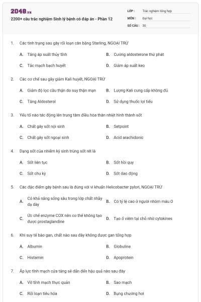 2200+ câu trắc nghiệm Sinh lý bệnh có đáp án - Phần 12