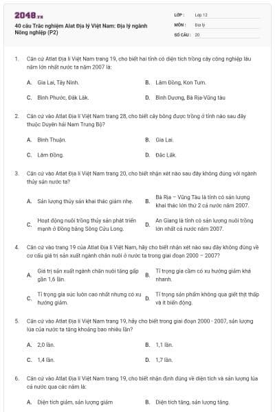 40 câu  Trắc nghiệm Alat Địa lý Việt Nam: Địa lý ngành Nông nghiệp (P2)