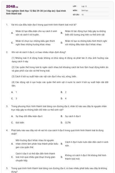 Trắc nghiệm Sinh Học 12 Bài 29-30 (có đáp án): Quá trình hình thành loài