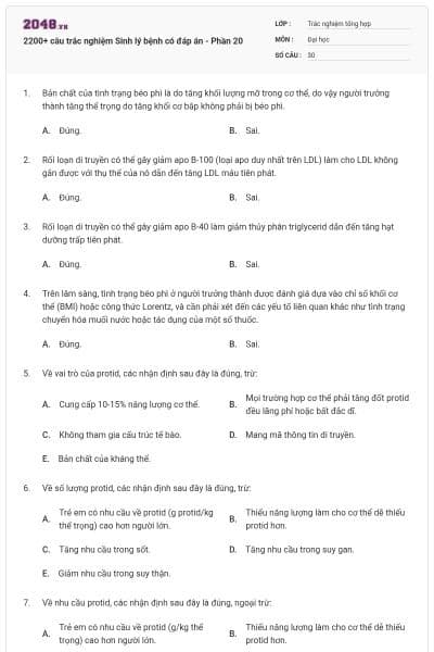 2200+ câu trắc nghiệm Sinh lý bệnh có đáp án - Phần 20