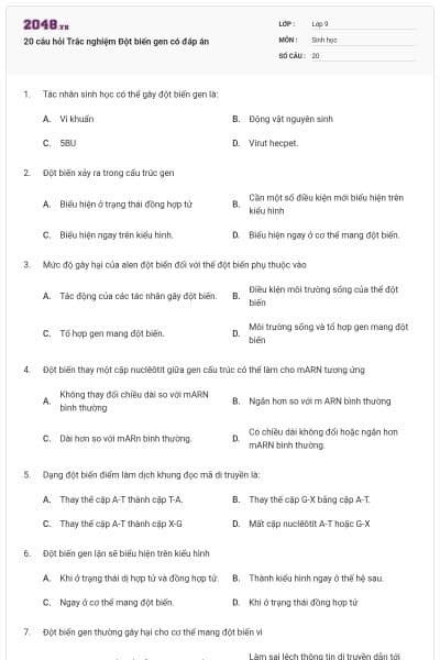 20 câu hỏi Trắc nghiệm Đột biến gen có đáp án