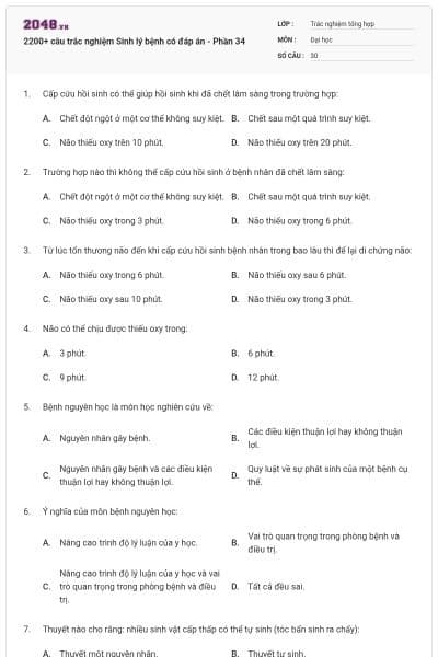 2200+ câu trắc nghiệm Sinh lý bệnh có đáp án - Phần 34