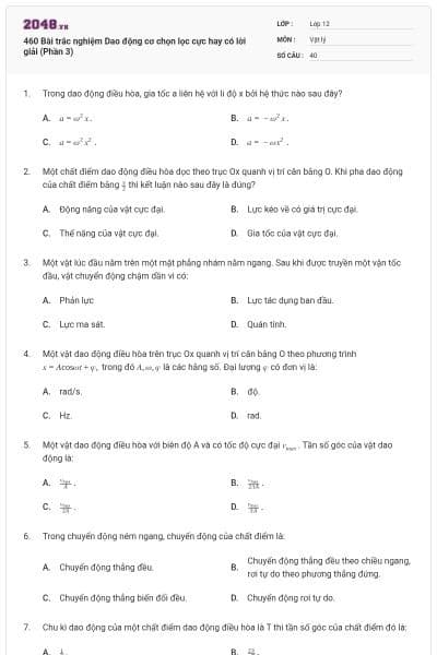 460 Bài trắc nghiệm Dao động cơ chọn lọc cực hay có lời giải (Phần 3)