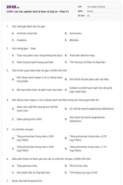 2200+ câu trắc nghiệm Sinh lý bệnh có đáp án - Phần 51