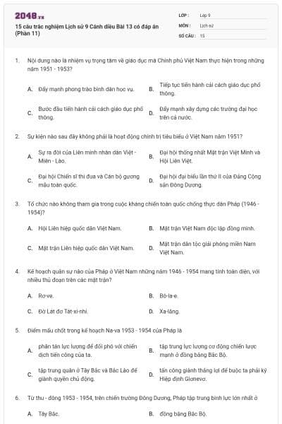15 câu trắc nghiệm Lịch sử 9 Cánh diều Bài 13 có đáp án (Phần 11)