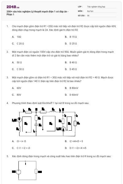 200+ câu trắc nghiệm Lý thuyết mạch điện 1 có đáp án - Phần 1
