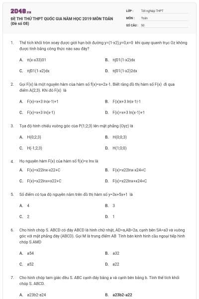 ĐỀ THI THỬ THPT QUỐC GIA NĂM HỌC 2019 MÔN TOÁN (Đề số 08)