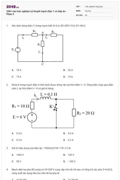 200+ câu trắc nghiệm Lý thuyết mạch điện 1 có đáp án - Phần 5