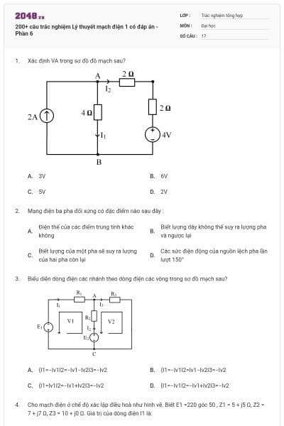 200+ câu trắc nghiệm Lý thuyết mạch điện 1 có đáp án - Phần 6