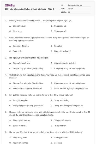 200+ câu trắc nghiệm Cơ học kĩ thuật có đáp án - Phần 2