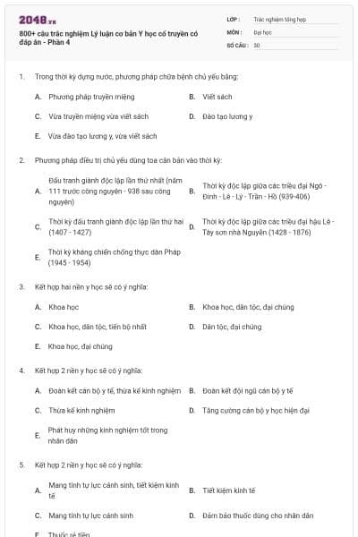 800+ câu trắc nghiệm Lý luận cơ bản Y học cổ truyền có đáp án - Phần 4