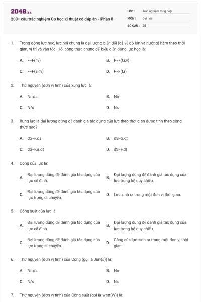 200+ câu trắc nghiệm Cơ học kĩ thuật có đáp án - Phần 8