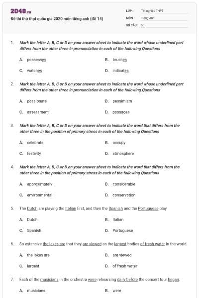 Đề thi thử thpt quốc gia 2020 môn tiếng anh (đề 14)