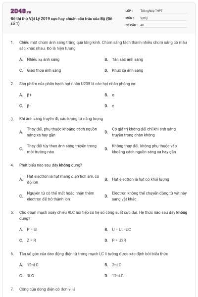Đề thi thử Vật Lý 2019 cực hay chuẩn cấu trúc của Bộ (Đề số 1)