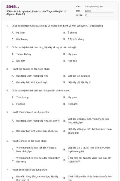 800+ câu trắc nghiệm Lý luận cơ bản Y học cổ truyền có đáp án - Phần 25