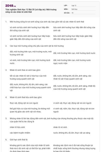 Trắc nghiệm Sinh Học 12 Bài 35 (có đáp án): Môi trường sống và các nhân tố sinh thái