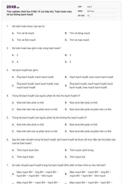 Trắc nghiệm Sinh học 8 Bài 16 (có đáp án): Tuần hoàn máu và lưu thông bạch huyết